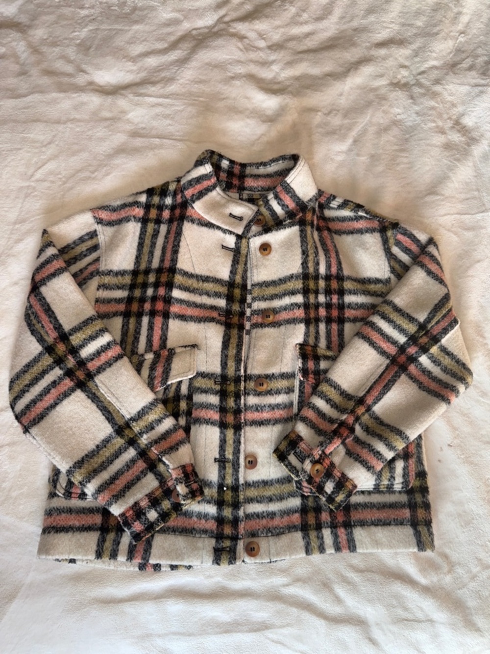 Cream Plaid Button-Front Jacket with Pink and Black Trim
